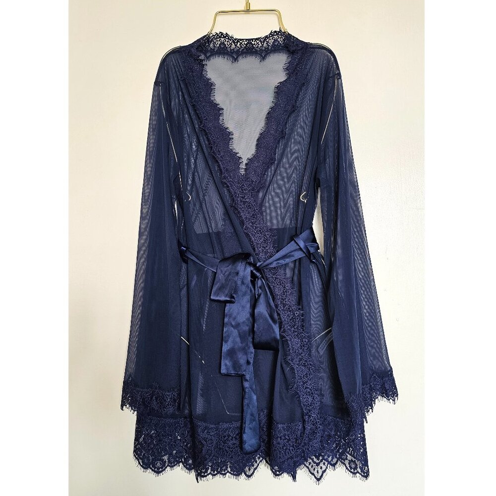 NEW!! Oh La La Cheri Provence Sheer Mesh Short Robe with Lace Trim S/M Navy